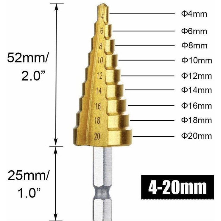 Mata Bor Pagoda 4-20mm JLD HSS 9 Multi Step Drill Bit Metal Titanium