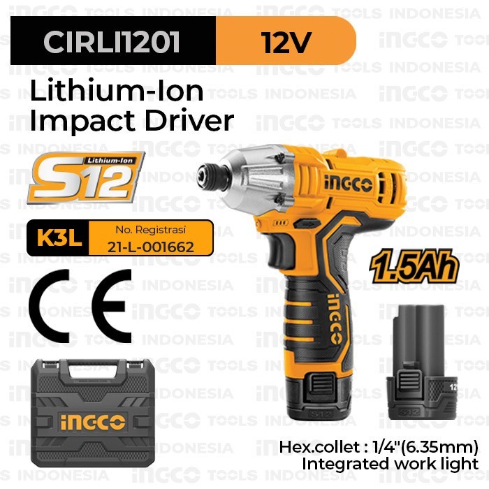 Cordless Impact Driver 100Nm 12v Set INGCO CIRLI1201 Bor Obeng S12