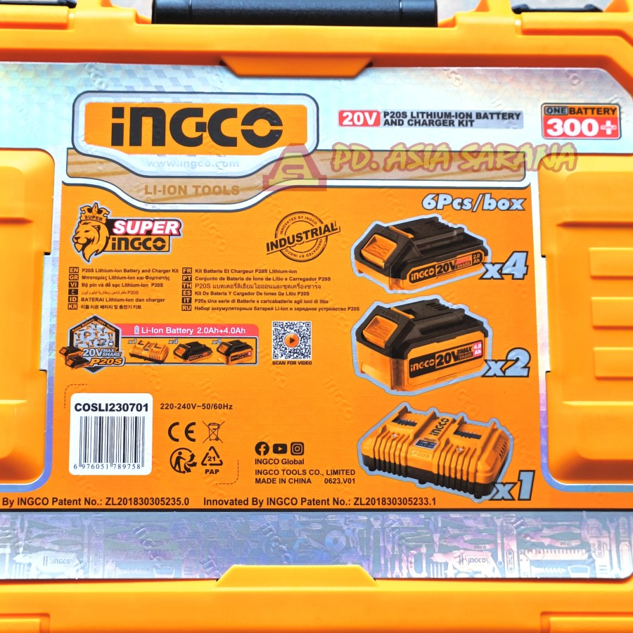 PAKET Baterai Charger x7pcs Set 4.0Ah 2.0Ah 20V Dual Rapid Fast 4A INGCO COSLI230701 Battery 4AH 2AH P20S