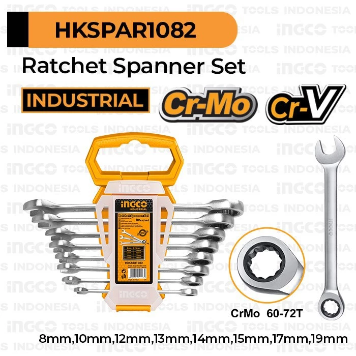Kunci Ring Pas 8-19mm Ratchet Set 8pcs INGCO HKSPAR1082 Konci Spanner