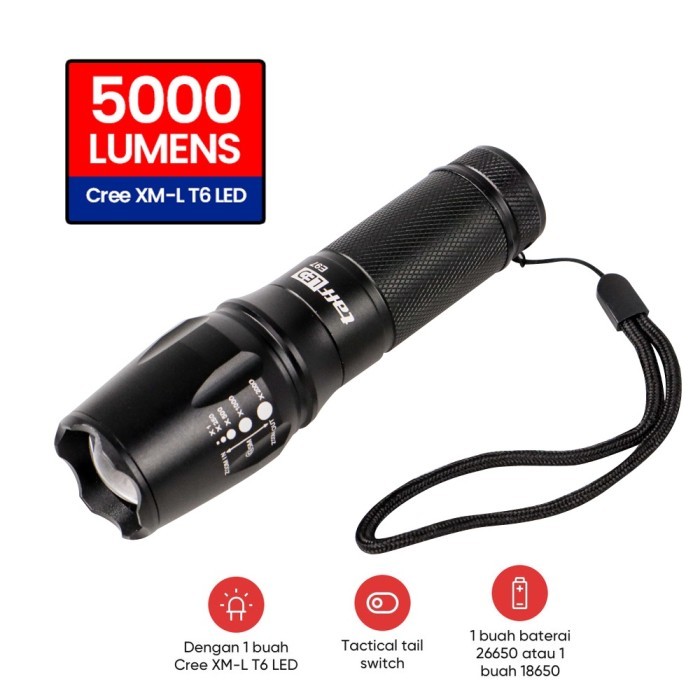 Senter LED 5000 Lumens 5 Modes Zoom Tactical Cree Zoom XM-L T6 Lampu E97