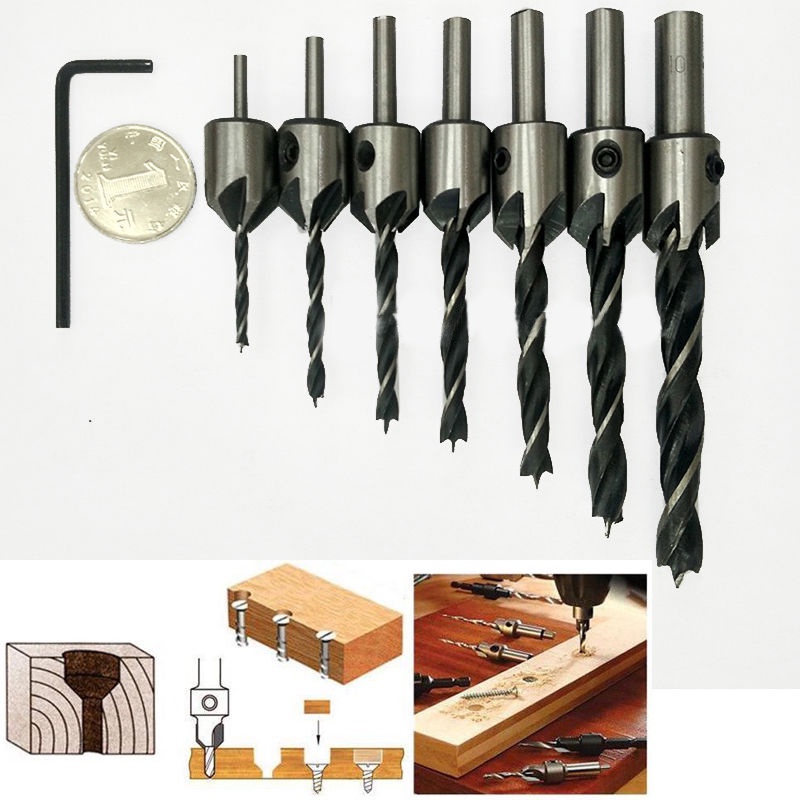 Mata Bor Kayu Skrup Baut 3-10mm Countersink 7pcs Set Drill Bit Chamfer