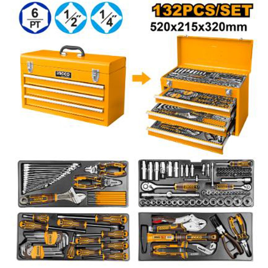 Mechanical Tool Kit Set 132pcs Chest INGCO HTCS221321 Toolkit Perkakas Kunci Socket