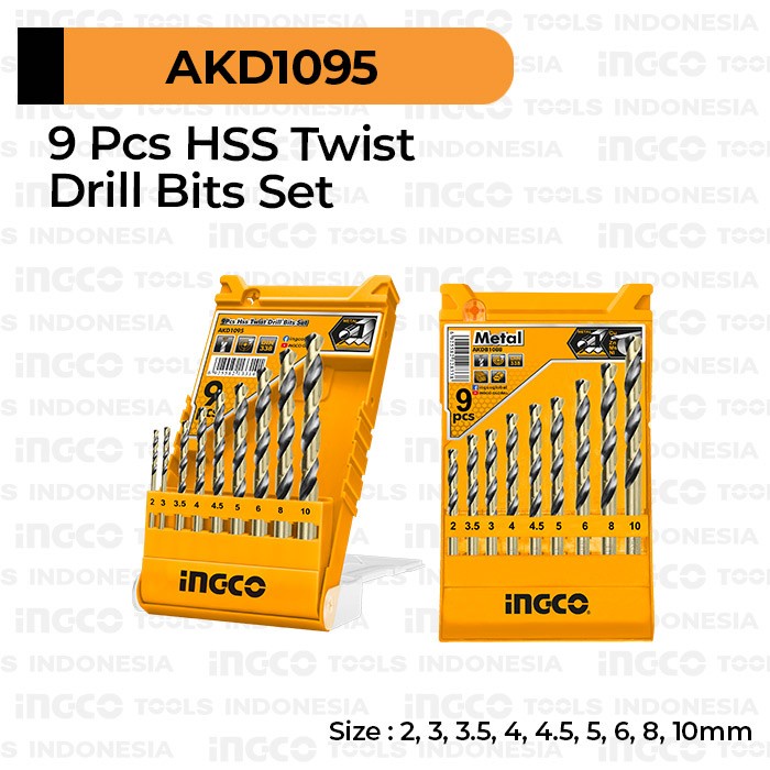Mata Bor Besi 2-10mm Set 9pcs INGCO AKD1095 HSS Metal Drill Bit Gold