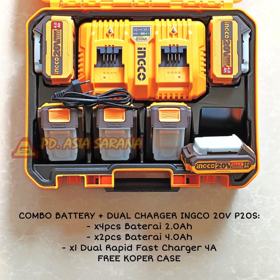 PAKET Baterai Charger x7pcs Set 4.0Ah 2.0Ah 20V Dual Rapid Fast 4A INGCO COSLI230701 Battery 4AH 2AH P20S