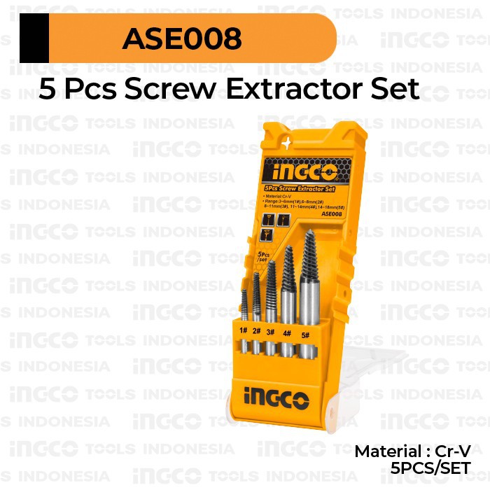 Hand Tap Balik 3-14mm Set 5pcs INGCO ASE008 Screw Extractor Buka Baut