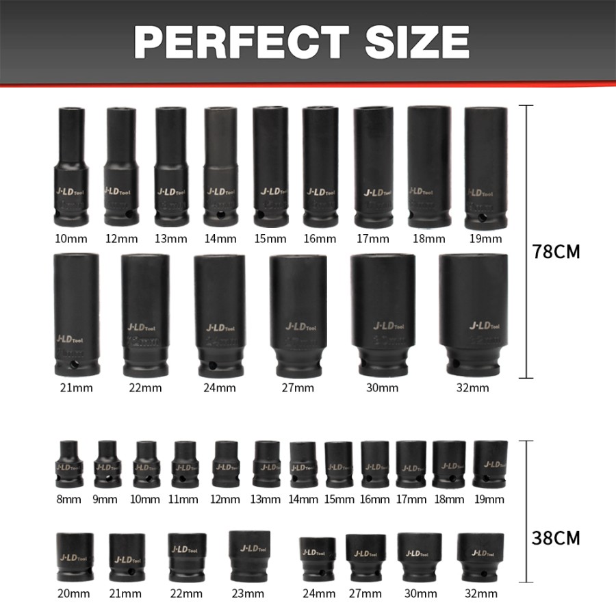 Deep Impact Socket 1/2" x (8-32mm) Set 35pcs JLD Mata Wrench Inch 6PT