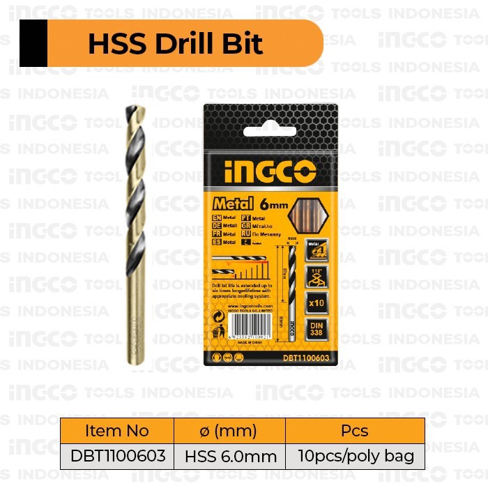 HSS 6mm Mata Bor Besi Steel Drill Bit INGCO DBT1100603 Metal Alumunium