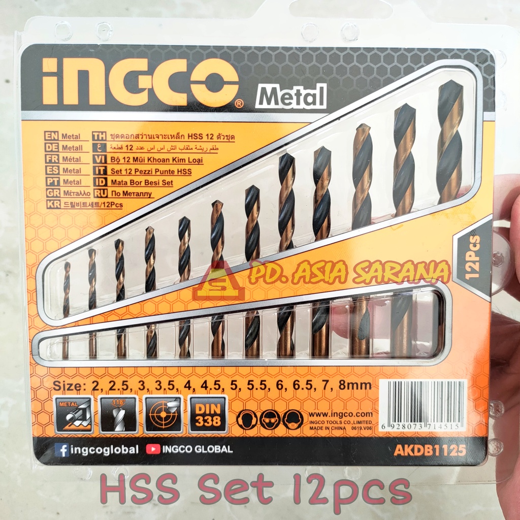 Mata Bor Besi 2-8mm Set 12pcs INGCO AKDB1125 Logam HSS Twist Drill Bit