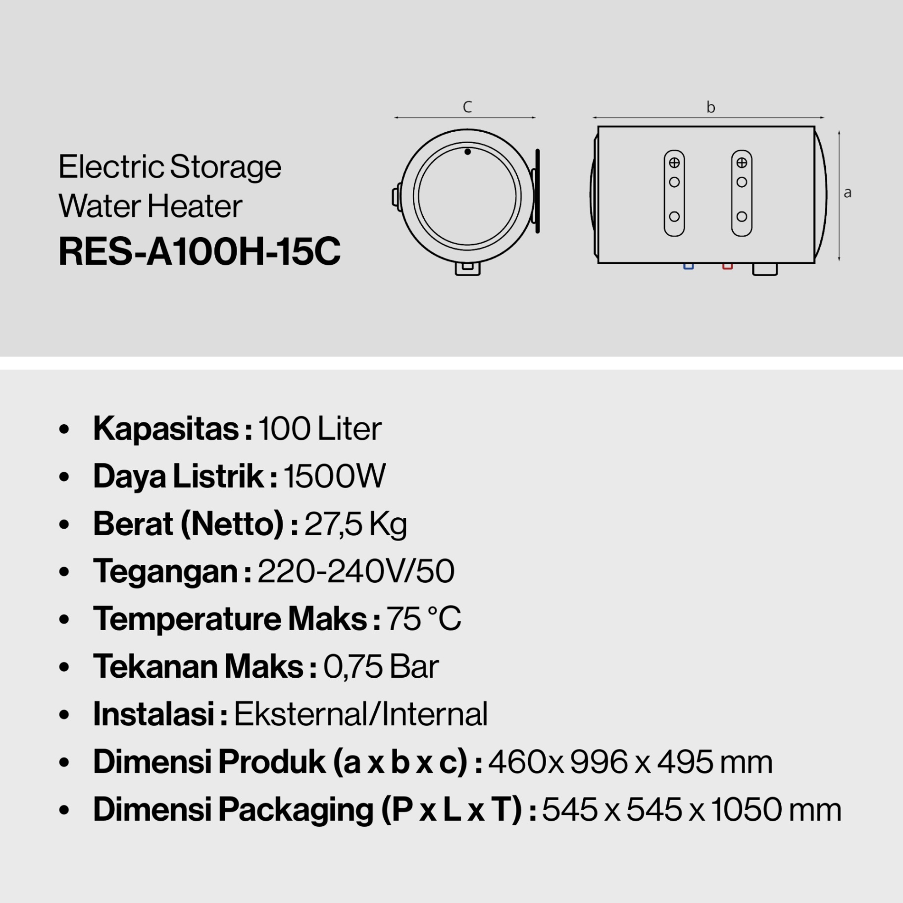 Rinnai Water Heater RES A100H-15C Rinnai Electric Water Heater