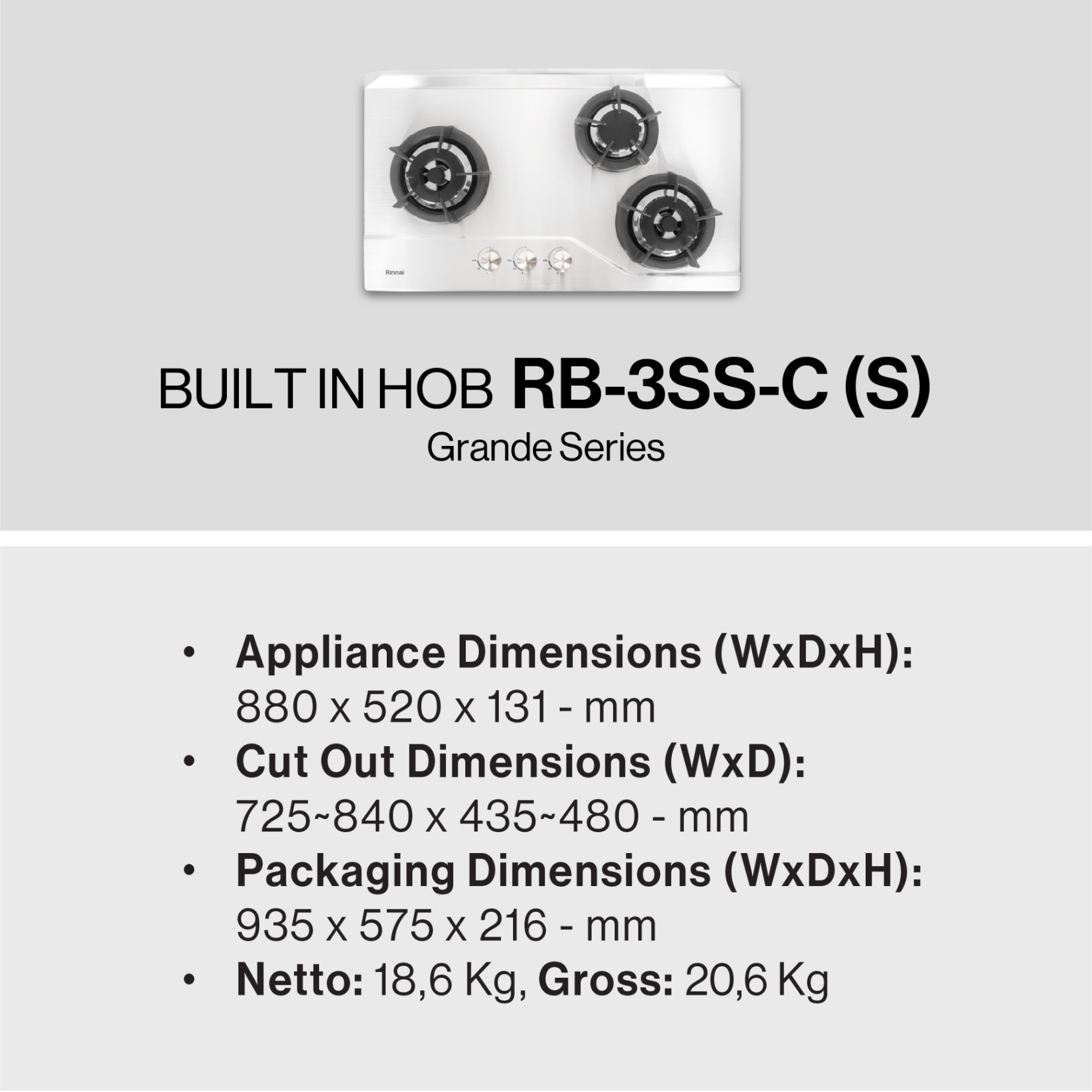 Rinnai Kompor Tanam - RB-3SS-C (S) Rinnai Built - In Hob
