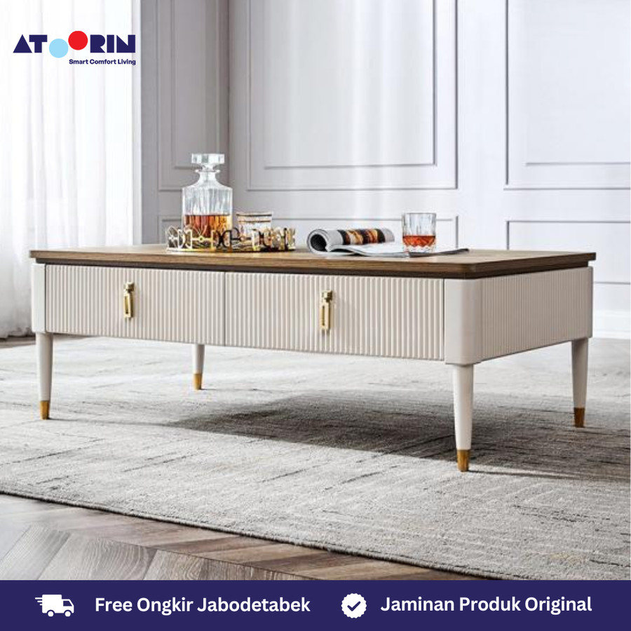 ATOORIN Clyde Coffee Table - Meja Kopi Elegan, Kombinasi Kayu Solid dan Baja Stainless, 110x65x40 cm