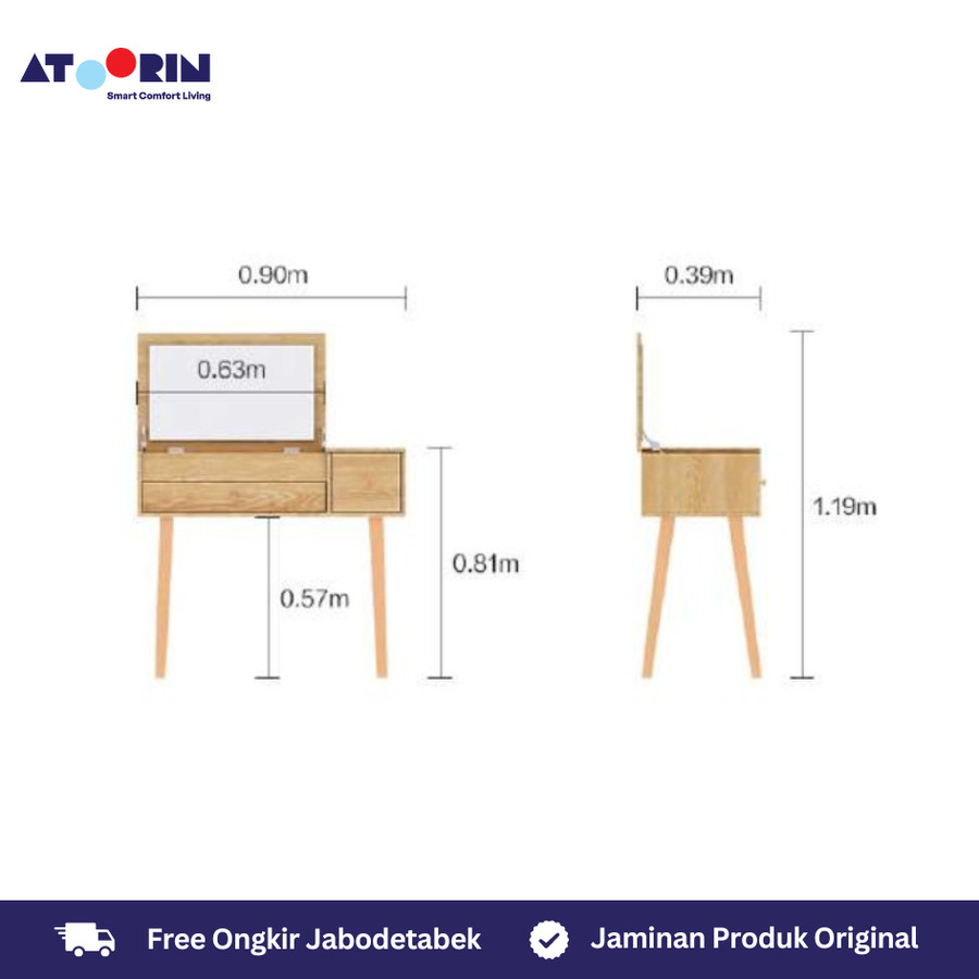 ATOORIN Yoreum Dressing Table - Meja Rias Kayu Solid dengan Cermin Tersembunyi, 90x39x81 cm