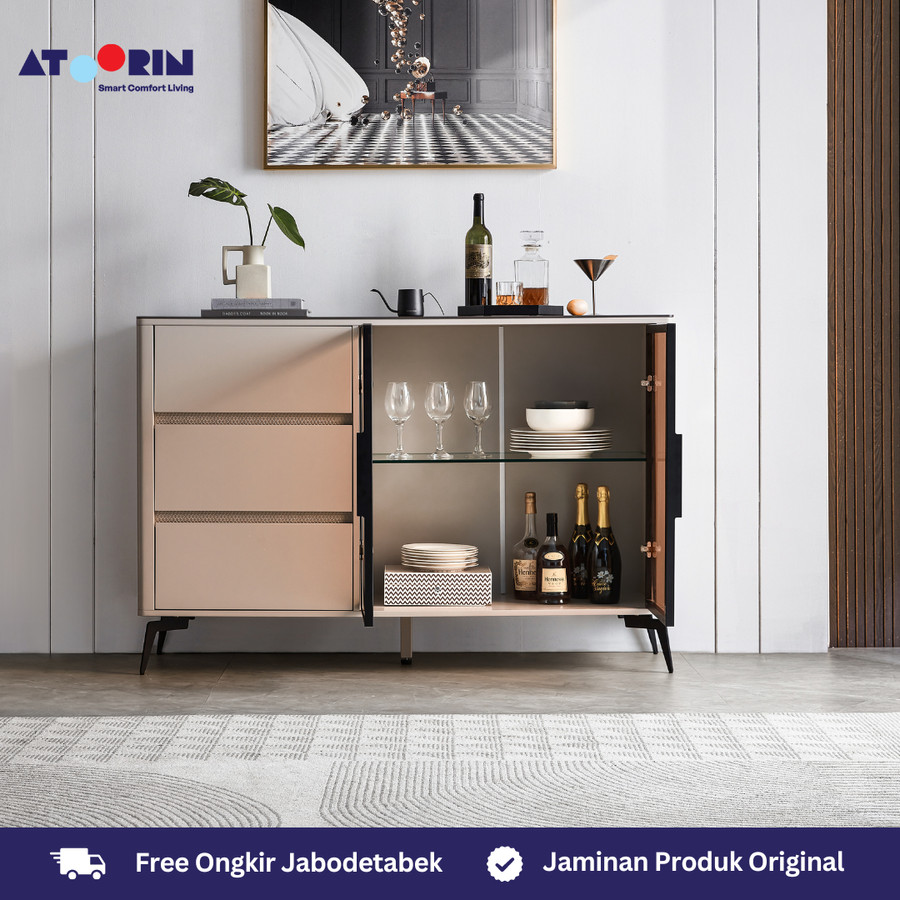 ATOORIN Tara Side Board - Slate & Triamine Board, Penyimpanan Luas & Desain Stylish, 138x40x91 cm