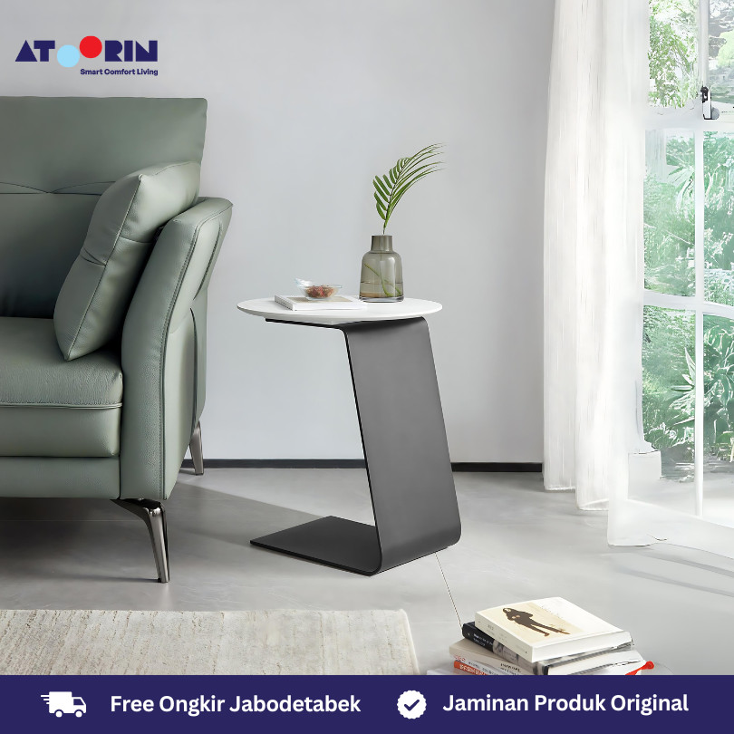 ATOORIN Mier Side Table & Mier Angled Side Table - Meja Samping Sintered Stone dan Baja Hitam, 42x42x46 & 39x39x48 cm