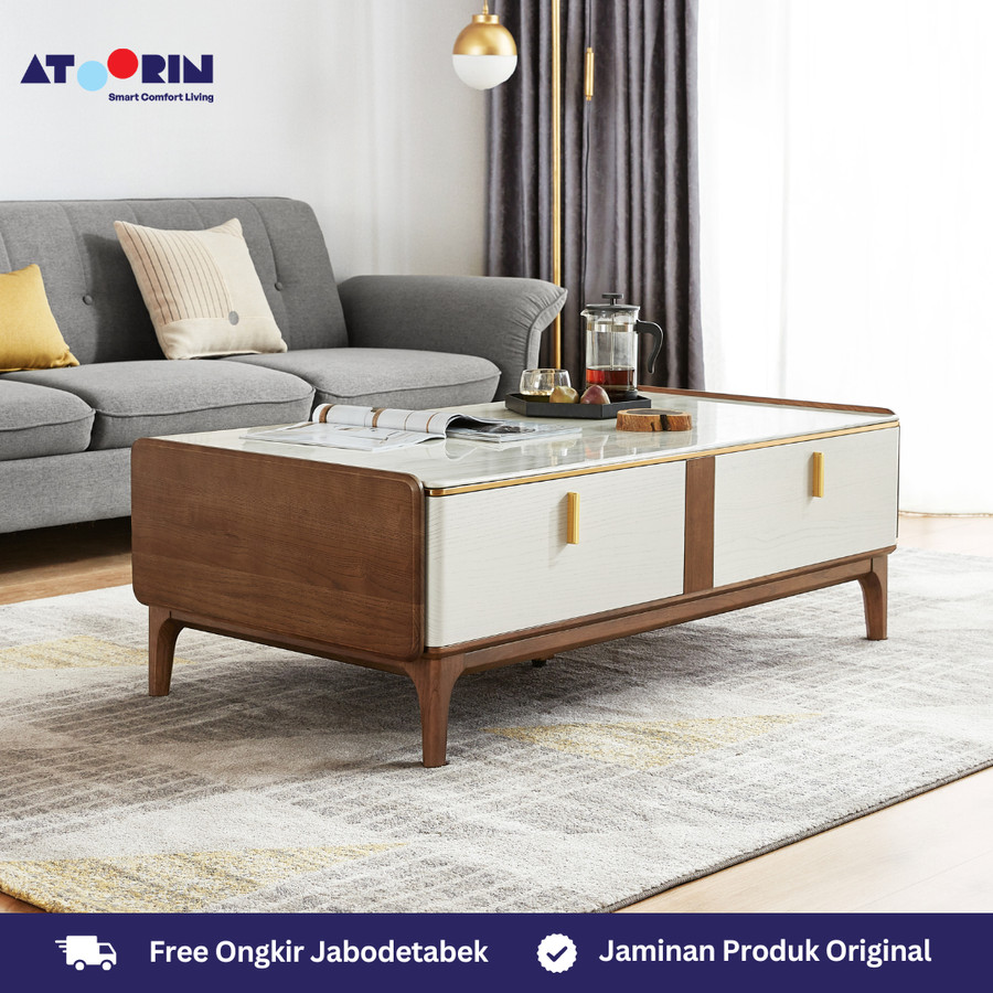 ATOORIN Estelle Coffee Table - Meja Kopi Fiberglass & Kayu Solid, 120x65x44 cm