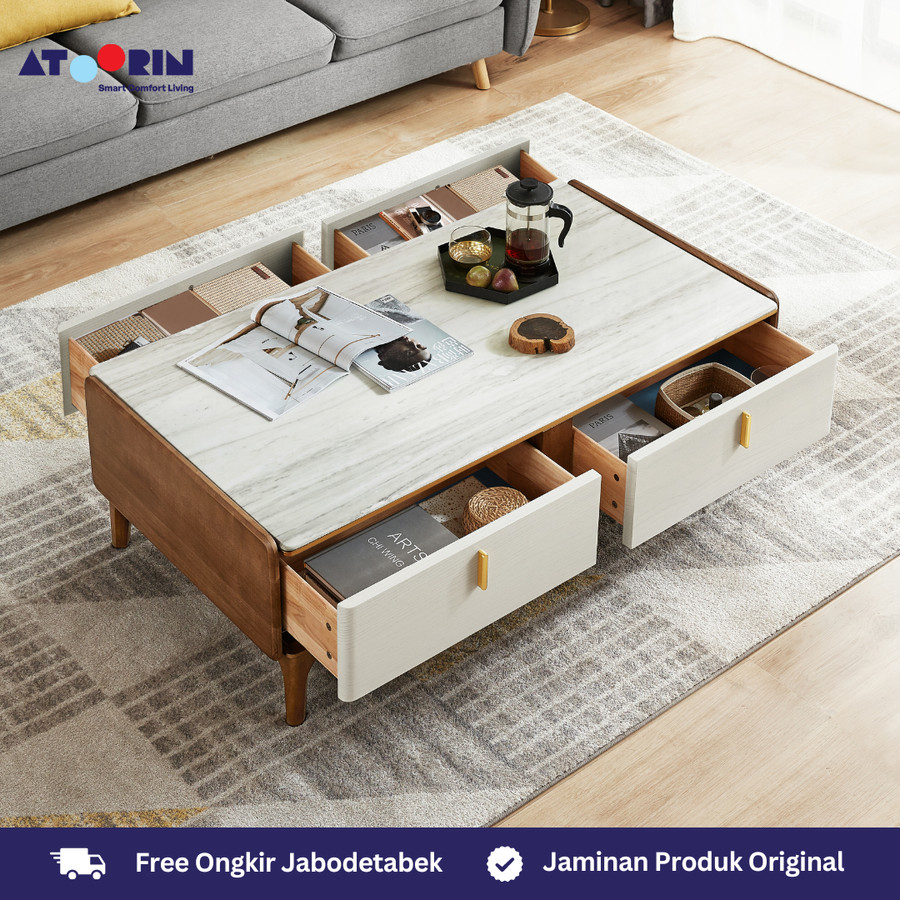 ATOORIN Estelle Coffee Table - Meja Kopi Fiberglass & Kayu Solid, 120x65x44 cm