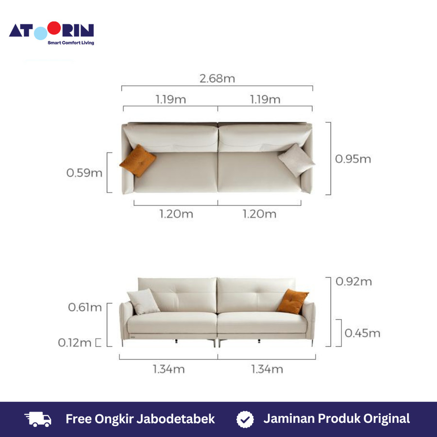 ATOORIN Orla Sofa - Silicon Leather, 3-Seater & 2+2 Seat, Desain Nyaman 209x95x92 cm & 268x95x92 cm, Warna Abu-Abu dan Cream 