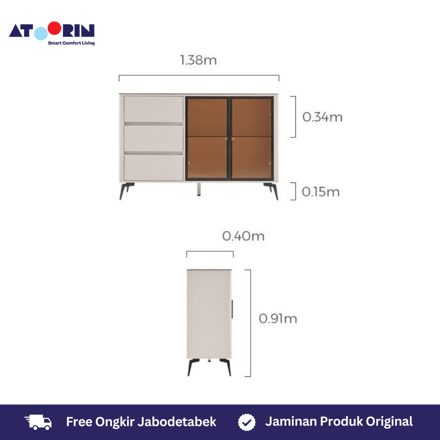 ATOORIN Tara Side Board - Slate & Triamine Board, Penyimpanan Luas & Desain Stylish, 138x40x91 cm