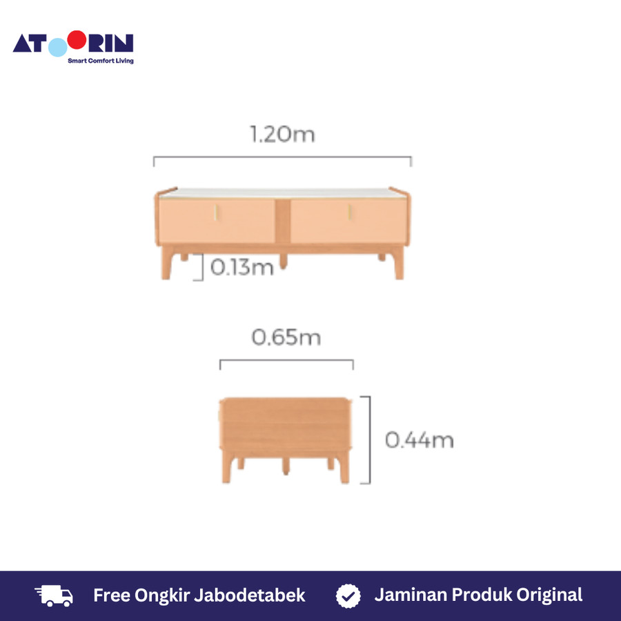 ATOORIN Estelle Coffee Table - Meja Kopi Fiberglass & Kayu Solid, 120x65x44 cm