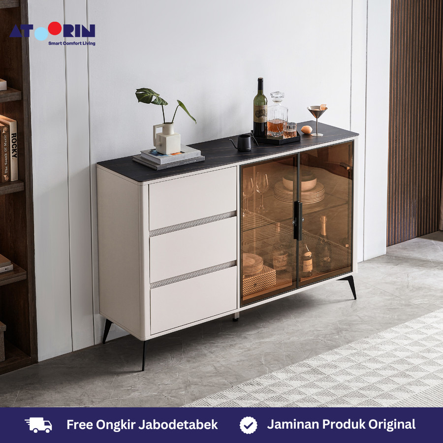 ATOORIN Tara Side Board - Slate & Triamine Board, Penyimpanan Luas & Desain Stylish, 138x40x91 cm