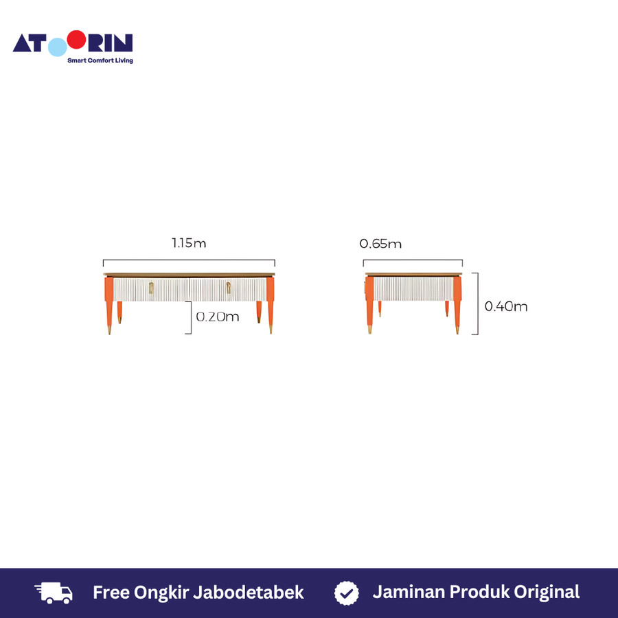 ATOORIN Clyde Coffee Table - Meja Kopi Elegan, Kombinasi Kayu Solid dan Baja Stainless, 110x65x40 cm