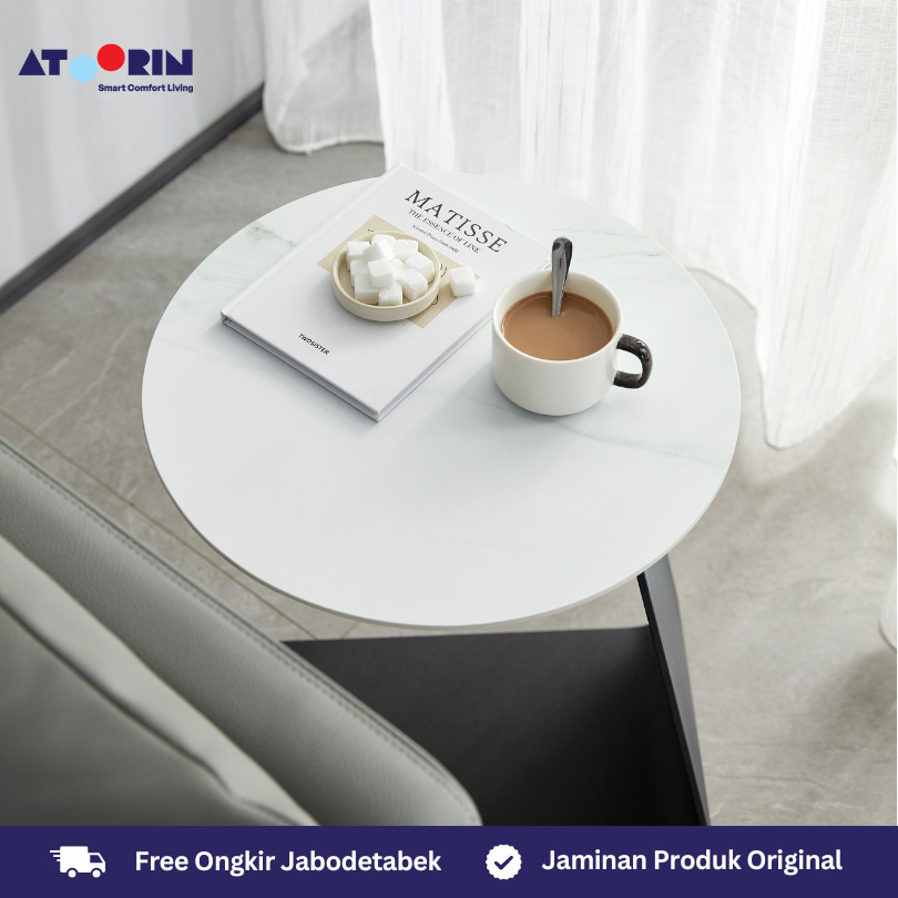 ATOORIN Mier Side Table & Mier Angled Side Table - Meja Samping Sintered Stone dan Baja Hitam, 42x42x46 & 39x39x48 cm