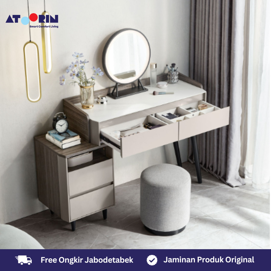 ATOORIN Leo Dressing Table - Meja Rias dengan Panel Kayu Abu-abu dan Solid, 80-119x39x124 cm