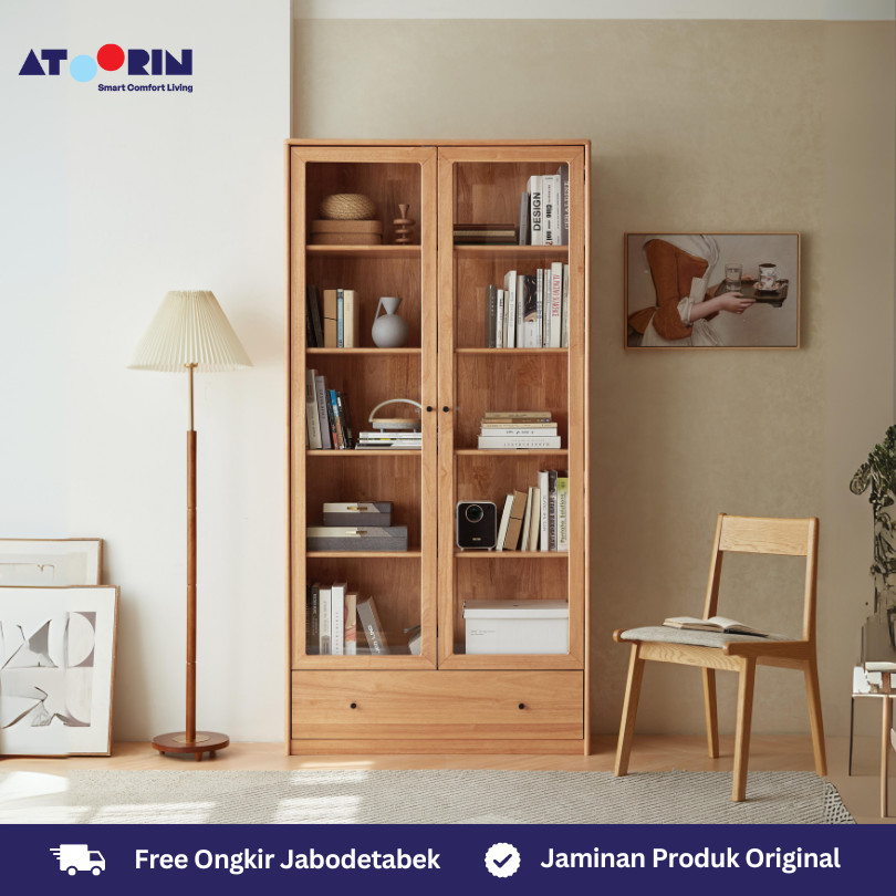 Yu Bookcase ATOORIN - Rak Buku Kayu Solid dan Kaca Tempered untuk Ruang Kerja