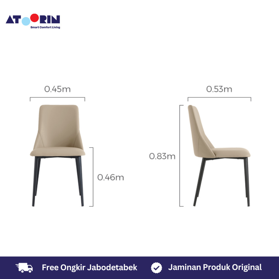 ATOORIN Ava Dining Chair - Kursi Makan Kulit Sintetis Tan, 45x53x83 cm
