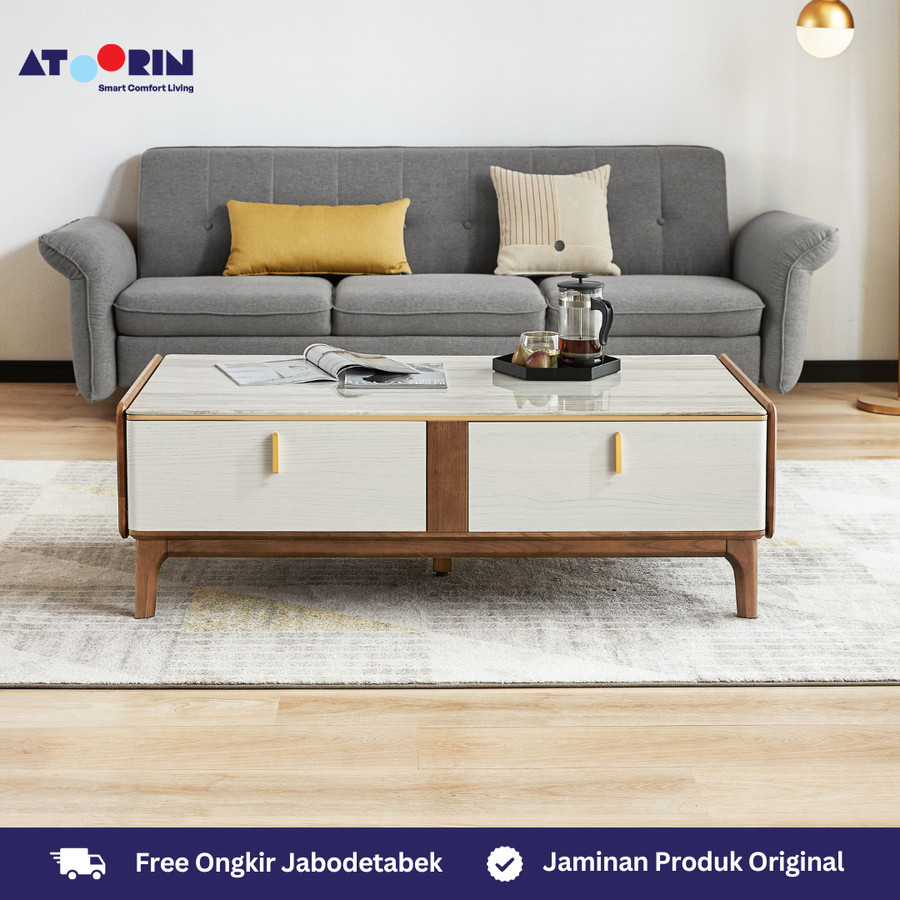 ATOORIN Estelle Coffee Table - Meja Kopi Fiberglass & Kayu Solid, 120x65x44 cm