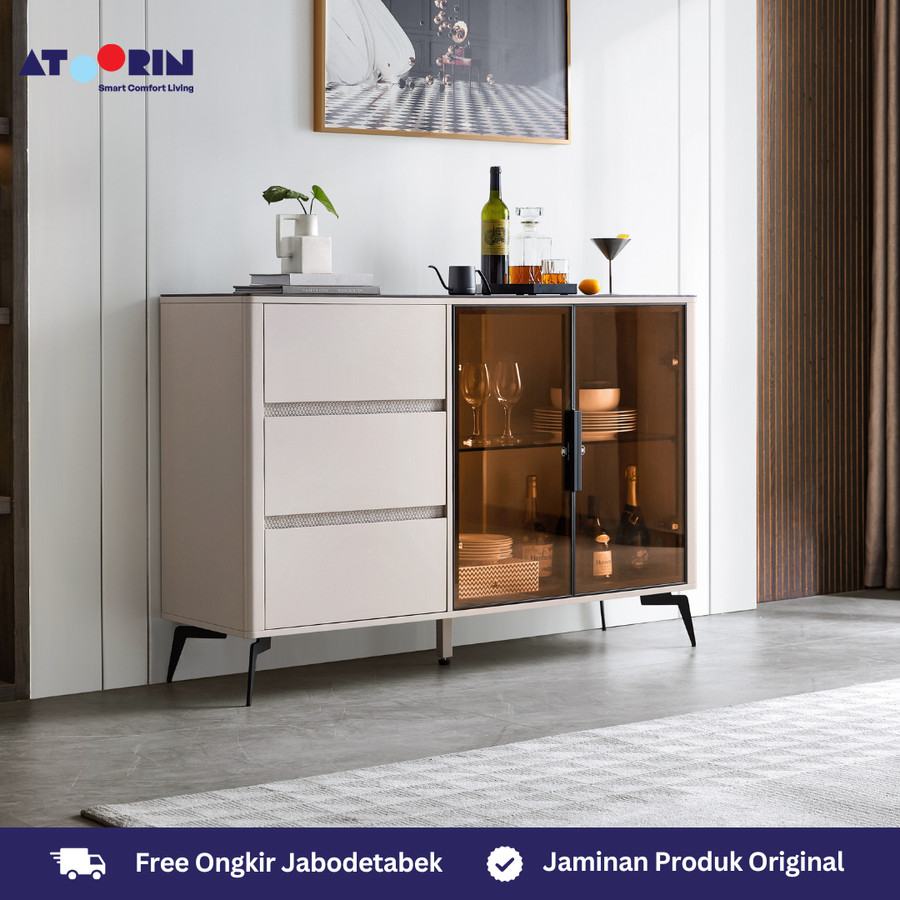 ATOORIN Tara Side Board - Slate & Triamine Board, Penyimpanan Luas & Desain Stylish, 138x40x91 cm