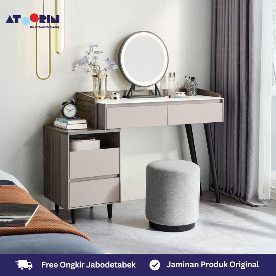 ATOORIN Leo Dressing Table - Meja Rias dengan Panel Kayu Abu-abu dan Solid, 80-119x39x124 cm