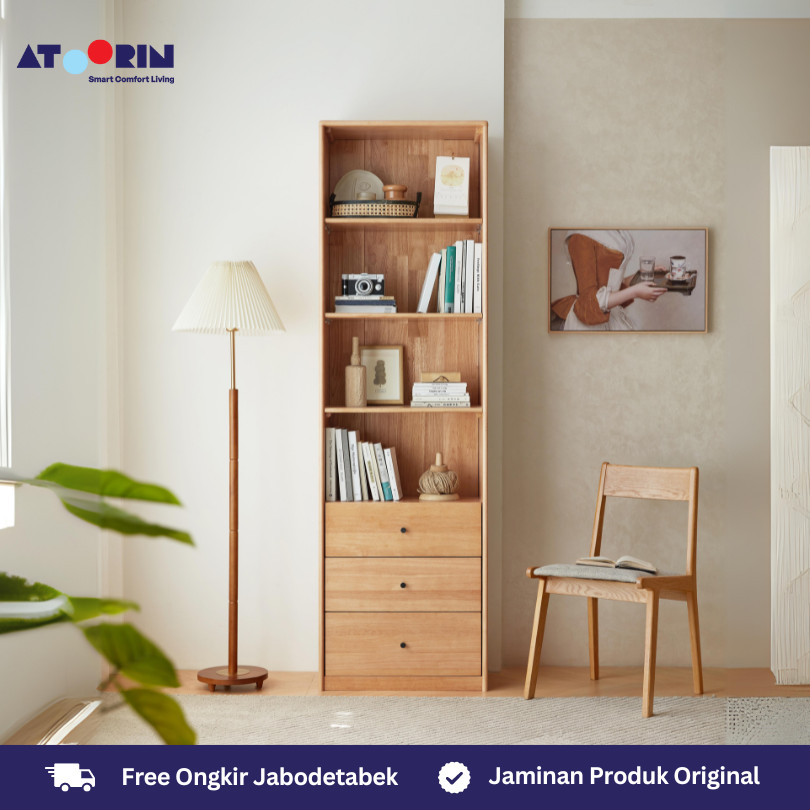 Yu Bookcase ATOORIN - Rak Buku Kayu Solid dan Kaca Tempered untuk Ruang Kerja