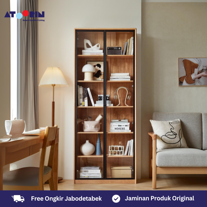 Yu Bookcase ATOORIN - Rak Buku Kayu Solid dan Kaca Tempered untuk Ruang Kerja