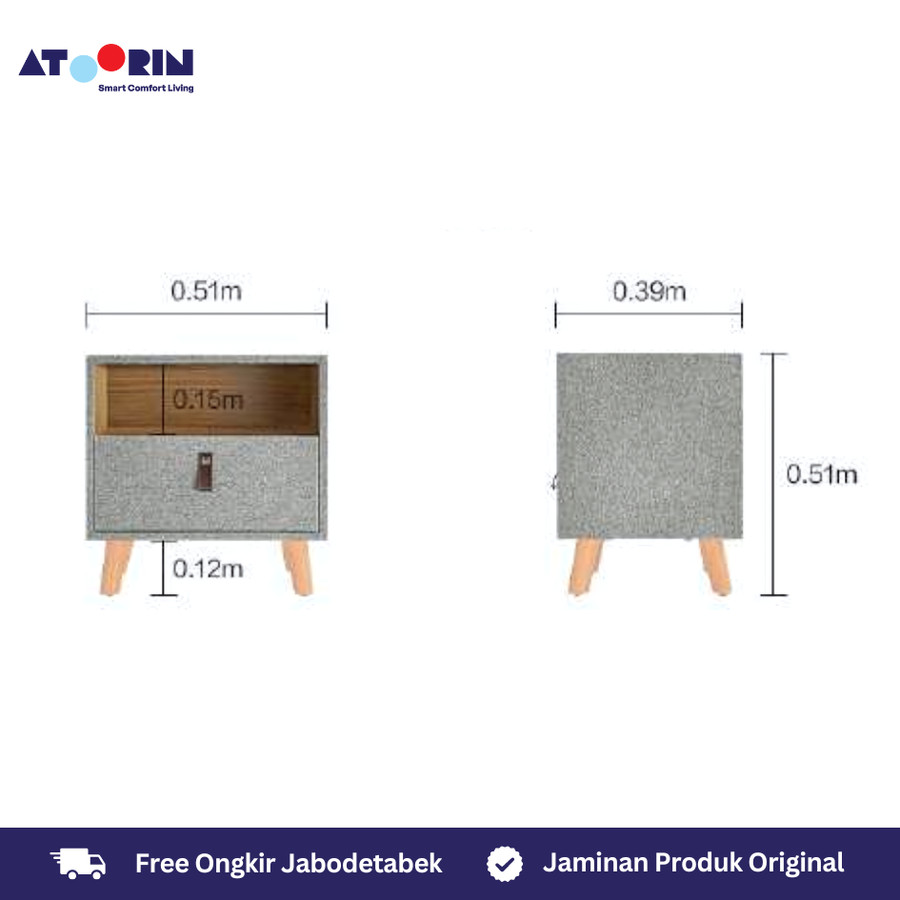 ATOORIN Phoebe Night Stand - Meja Samping Kayu Solid dengan Sentuhan Kasmir, 51x39x51 cm