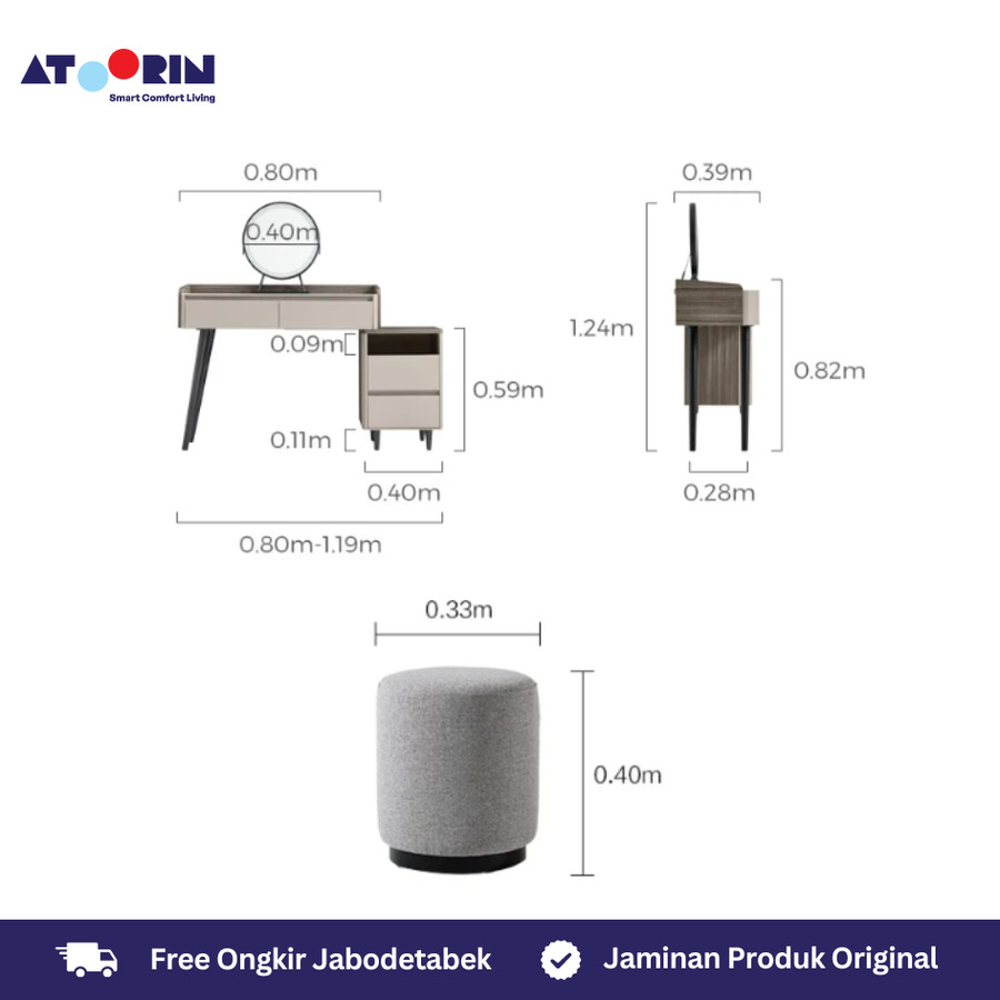 ATOORIN Leo Dressing Table - Meja Rias dengan Panel Kayu Abu-abu dan Solid, 80-119x39x124 cm