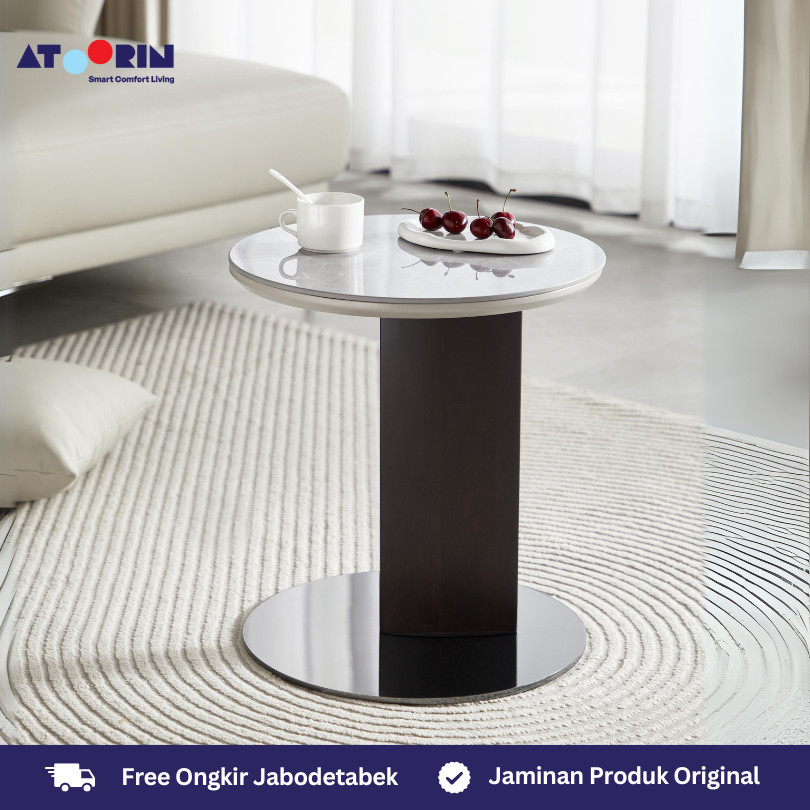 ATOORIN Mier Side Table & Mier Angled Side Table - Meja Samping Sintered Stone dan Baja Hitam, 42x42x46 & 39x39x48 cm