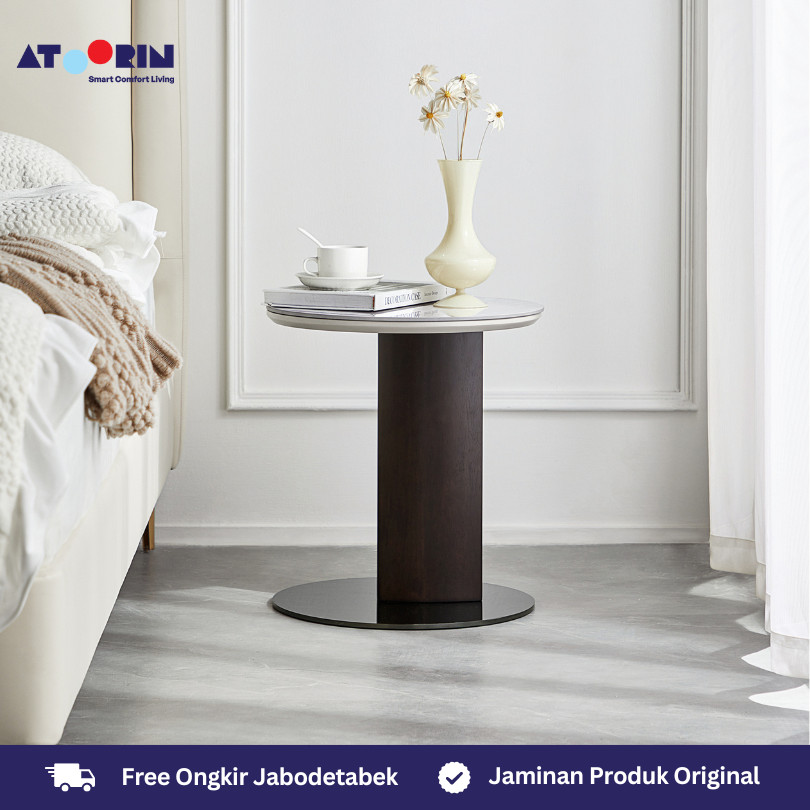 ATOORIN Mier Side Table & Mier Angled Side Table - Meja Samping Sintered Stone dan Baja Hitam, 42x42x46 & 39x39x48 cm