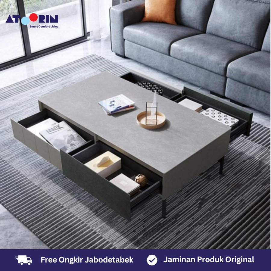 ATOORIN Theo Coffee Table - Meja Kopi Sintered Stone, Gaya Metropolitan, 130x70x39 cm