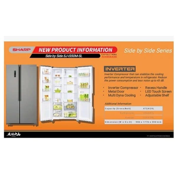 SHARP SJ-IS50M-SL KULKAS SIDE BY SIDE Inverter SJIS50MSL 427 L RESMI