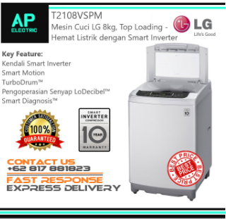 LG T2108VSPM Mesin Cuci TOP LOADING Inverter 8 kg T2108 Resmi New 2019