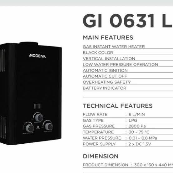 MODENA GI 0631 L WATER HEATER GAS RAPIDO GI0631L GI 0631L