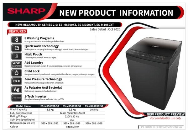 Sharp ES-M9500XT-SA Mesin Cuci 1 Tabung J-Tech Inverter 9.5KG ESM9500
