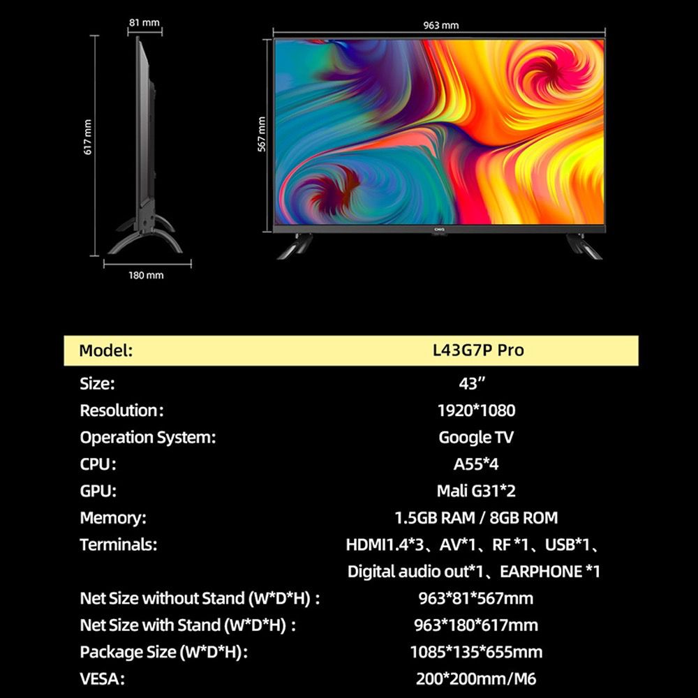 CHiQ 43 inch Smart TV Full HD-HDR10DBX Dolby Audio Google
