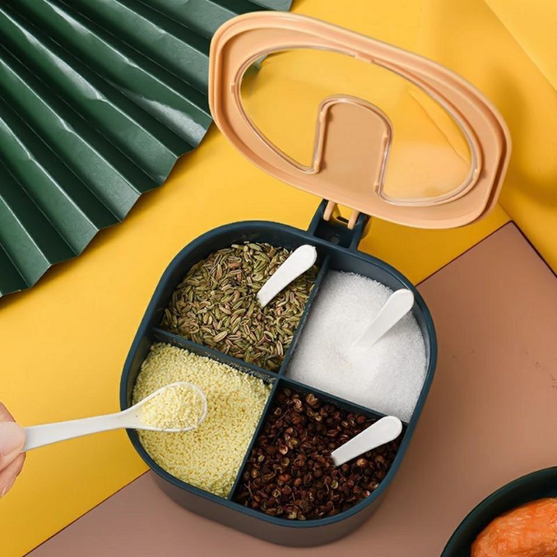 KAMJE Toples Wadah Tempat Bumbu Dapur 4 Sekat Free Sendok KMJ017