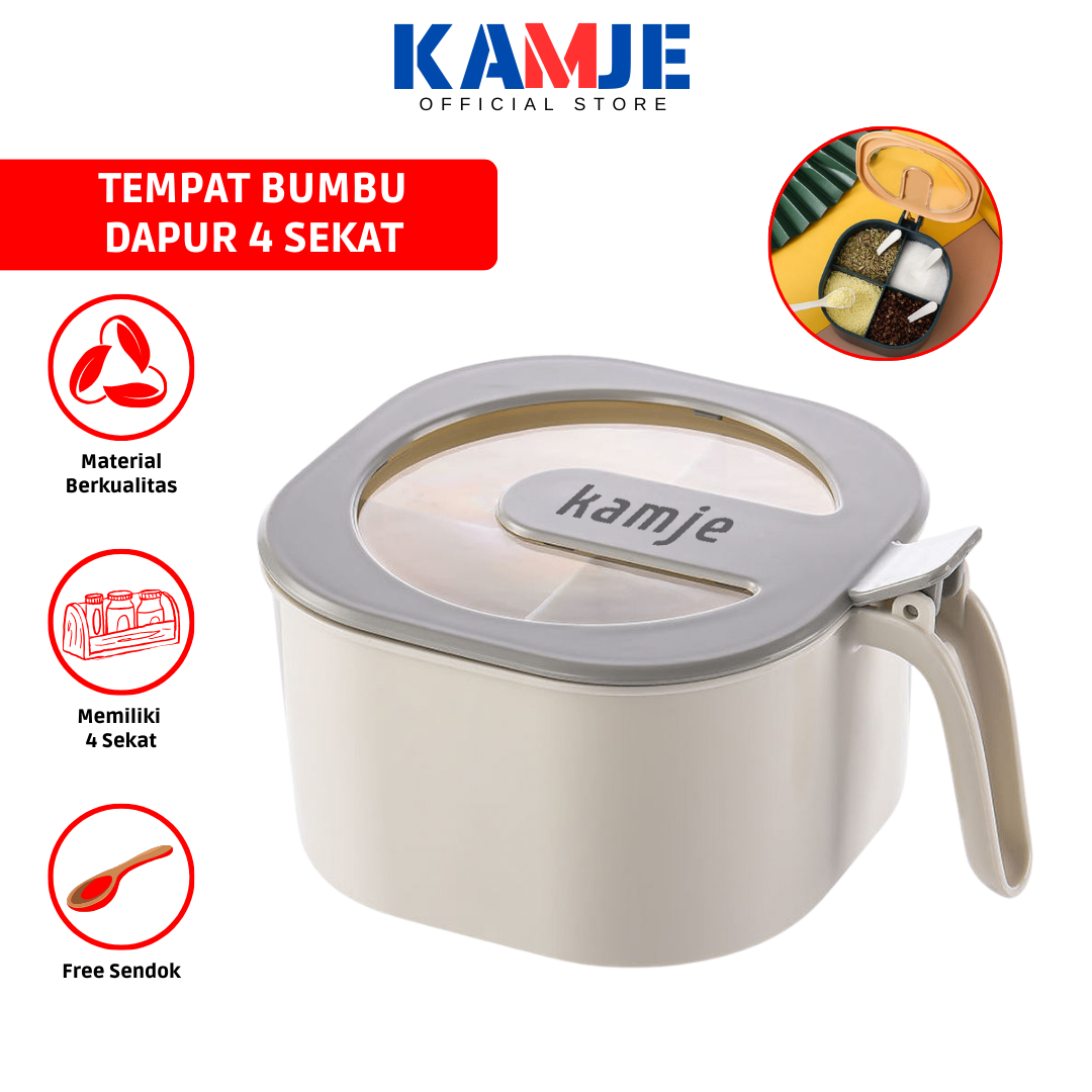 KAMJE Toples Wadah Tempat Bumbu Dapur 4 Sekat Free Sendok KMJ017