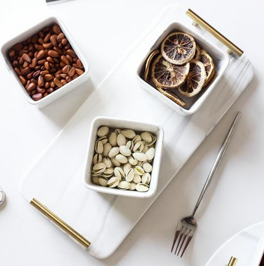 Mangkuk Saji Keramik dengan Nampan Set 4 Pcs Gold Marble