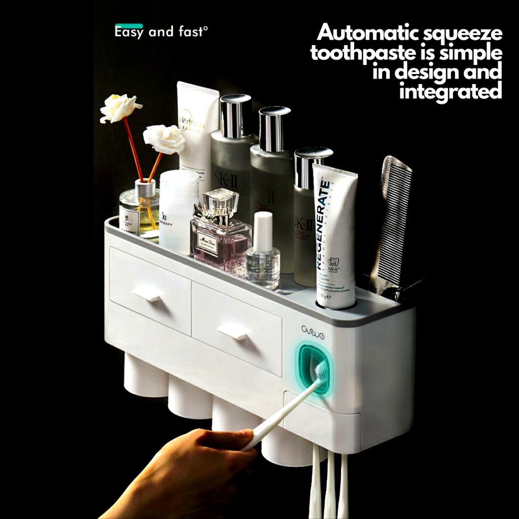 Dispenser Odol, Tempat Sikat Gigi Premium 4 Gelas / Rak Kamar Mandi ( Otomatis anti debu )