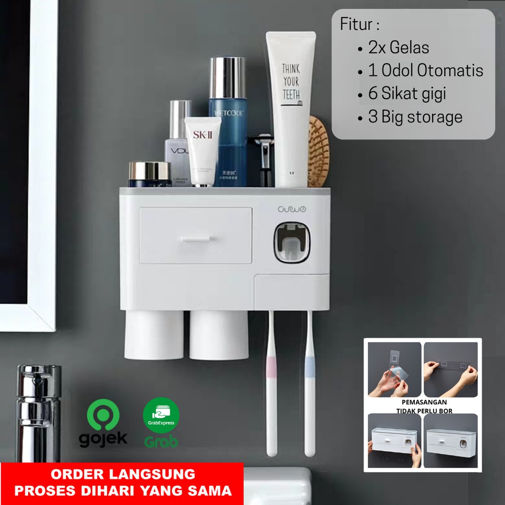 Dispenser Odol, Tempat Sikat Gigi Premium 2 Gelas / Rak Kamar Mandi ( Otomatis anti debu )